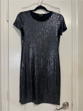 bebe Black Sequin Short Sleeve Mini Dress